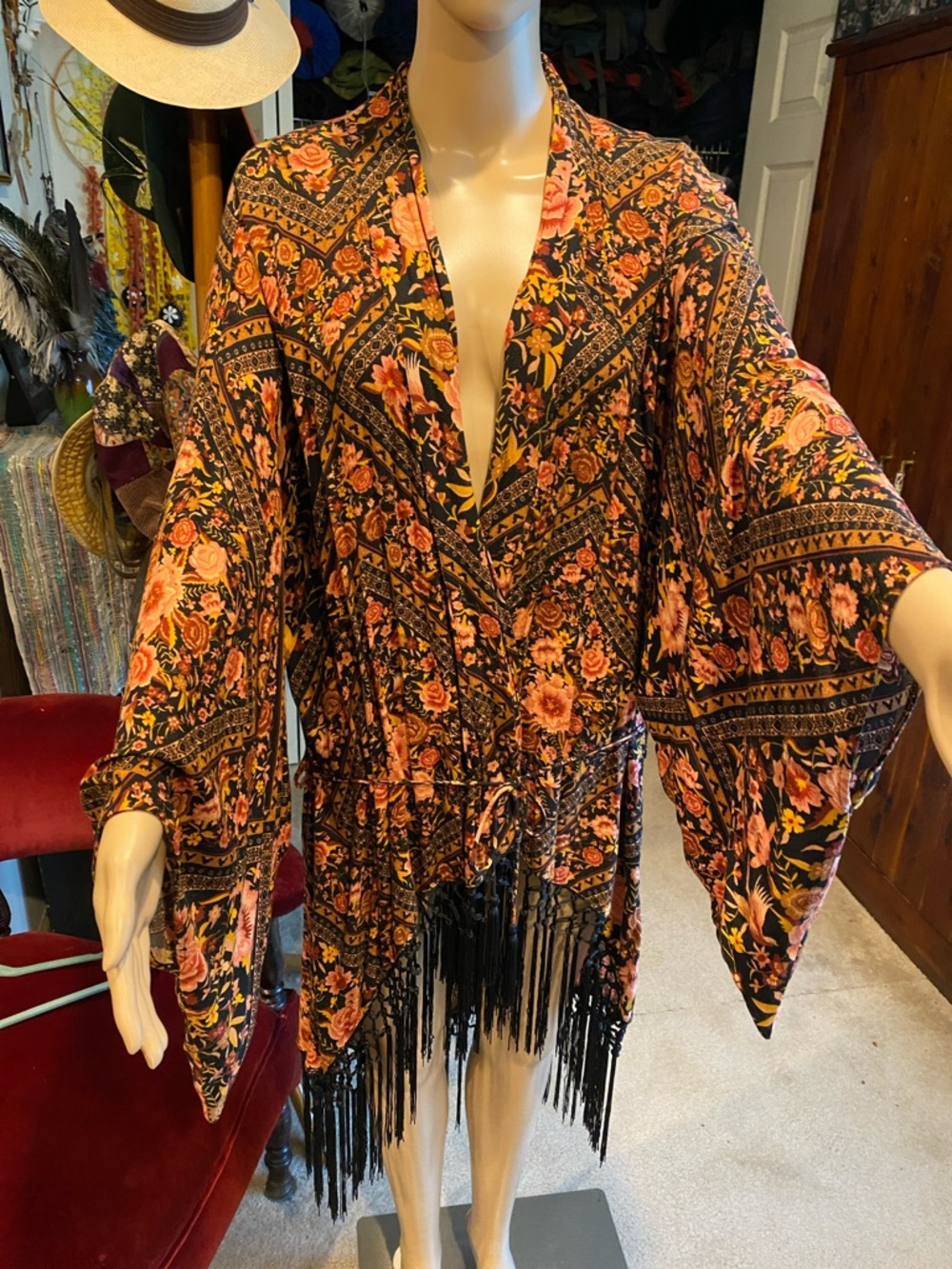 Spell Babushka Black Floral Fringe Kimono